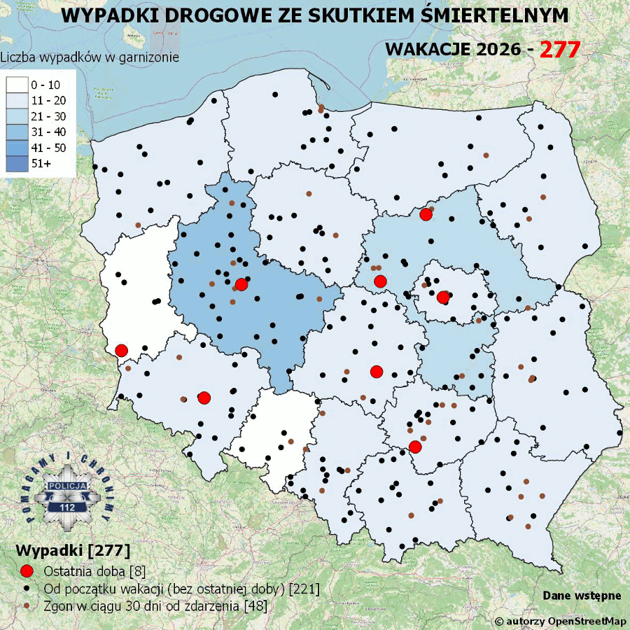 Mapa prezentująca liczbę wypadków poprzedniej doby w Polsce. Prezentowane dane są dostępne w tekście poniżej.