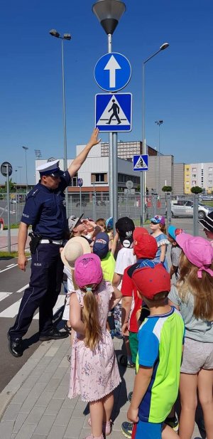 Policjant pokazuje przedszkolakom znak - przejście dla pieszych