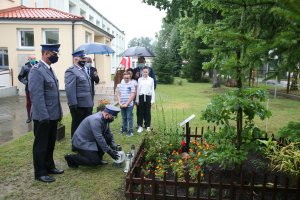 policjanci stawiają znicz przed dębem pamięci