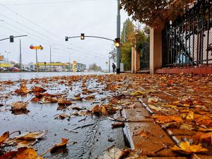 ulica i fragment chodnika ze ścieżką rowerową w warunkach jesiennych