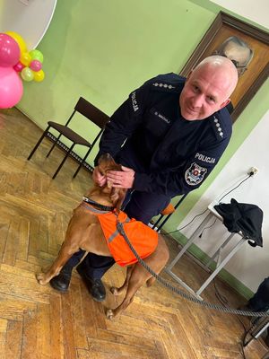 policjant z psem ubranym w element odblaskowy