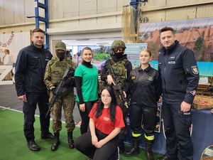 policjanci na stoisku wraz z uczniami i kadrą nauczycielską