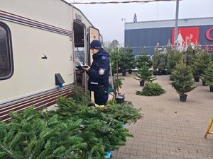 policjantka kontrolująca stoisko sprzedaży choinek